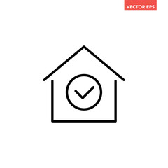 Fototapeta premium Black single mortgage approval line icon, simple house with checkmark flat design pictogram, infographic vector for app logo web website button ui ux interface elements isolated on white background
