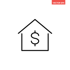 Black single house price line icon, simple real estate value flat design concept vector for app ads web banner button ui ux interface elements isolated on white background