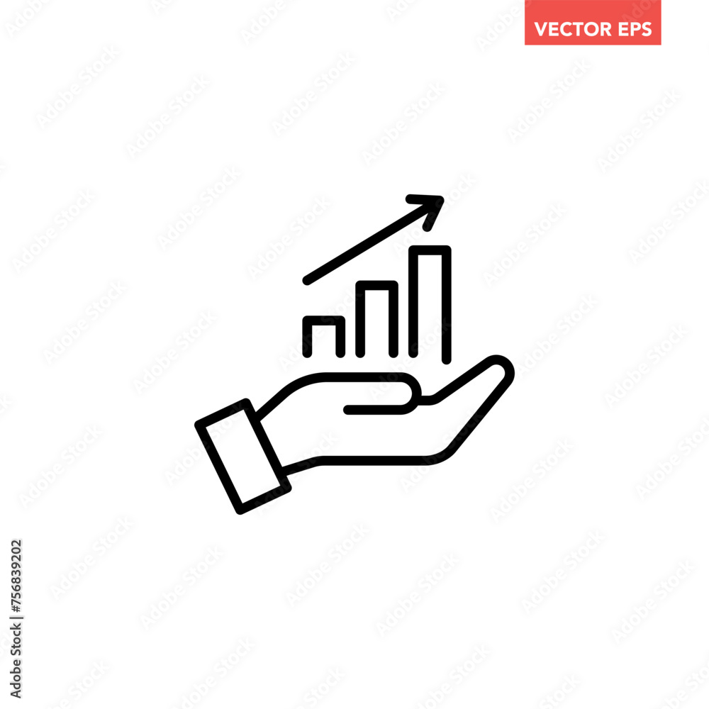 Poster single black profit in hand line icon, simple holding growing graph flat design vector pictogram, in