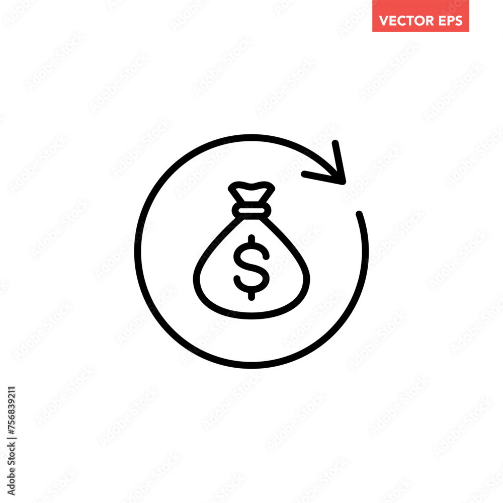Poster single black round money back refund investment icon, repeat arrow flat design vector pictogram, inf