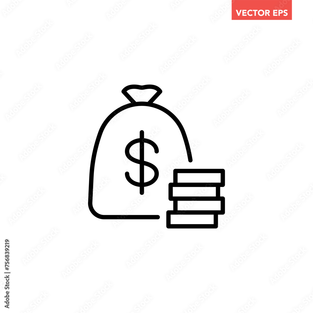 Poster single black money bag with stack of coins line icon, simple finance flat design vector pictogram, i