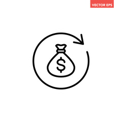 Single black round money back refund investment icon, repeat arrow flat design vector pictogram, infographic interface elements for app logo web button ui ux isolated on white background