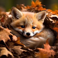 Red fox in the forest. A tiny fox kit curling up in a pile of leaves. Generative AI