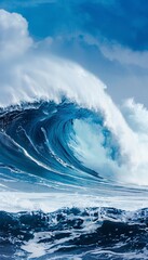 Massive and powerful ocean wave rising high against a backdrop of clear blue sky