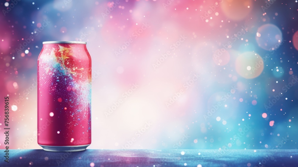 Poster mockup of empty aluminum soft drink can on abstract background with space for text placement