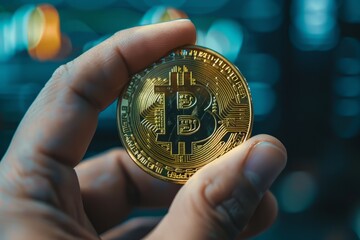 Cryptocurrency golden bitcoin coin in man hand. Cryptocurrencies. Business.Electronic virtual money