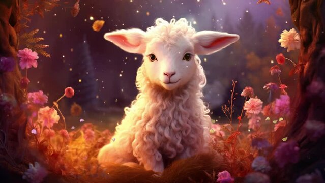 Flock in the Enchanted Jungle: Sheep Grazing in Fantasy Wilderness Seamless looping 4k time-lapse virtual video animation background. Generated AI