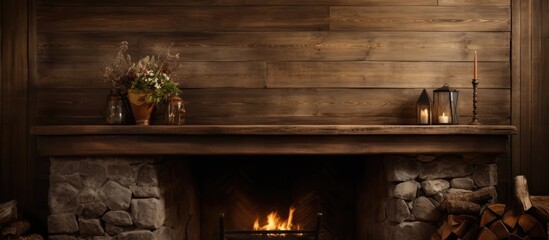 Fototapeta premium The brick fireplace in the building is filled with hardwood logs, providing cozy heat for the room