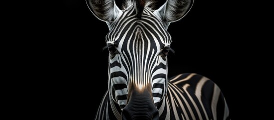 A zebra, a terrestrial animal, stands in darkness with its electric blue snout and eyelashes visible. Its striped neck contrasts in monochrome photography as it gazes at the camera