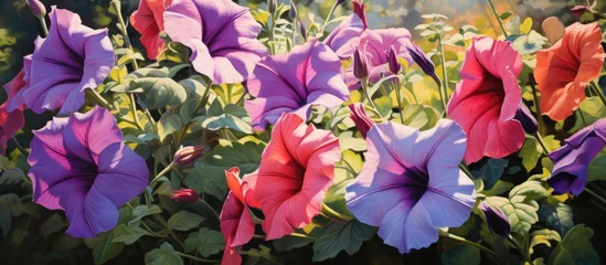 Foto op Canvas Various vibrant flowers, including purple violets and magenta petals, are blooming in the garden. It is a beautiful display of terrestrial flowering plants in full bloom © 2rogan