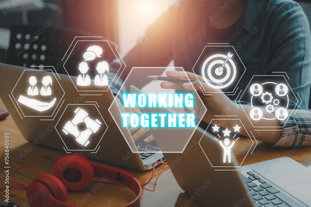 Poster working together concept, business team using laptop computer on desk with working together icon on 