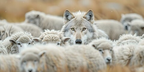 The Significance of a Lone Wolf Among Sheep: Uniqueness and Hidden Danger. Concept Individuality, Wildlife Behavior, Symbolism, Survival Instincts, Social Dynamics