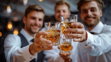 group of men celebrating with alcohol at wedding party, cheers, celebration