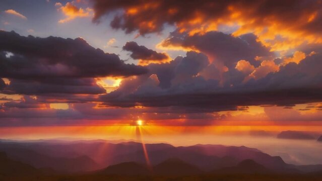 Sundown Majesty: A breathtaking view of the sun setting behind majestic mountains, painting the sky with vibrant hues of orange and red, amidst swirling clouds, in a serene natural landscape