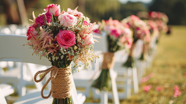 closeup of floral arrangement for outdoor wedding event, event planning concept, event design