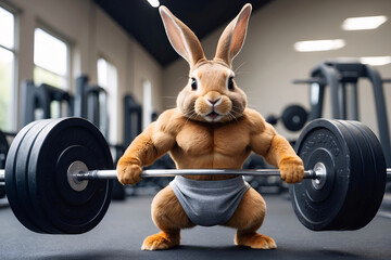 A buff Rabbit at the Gym, a Rabbit working out. Muscular rabbit lifting weights. Fitness bunny working out with weights