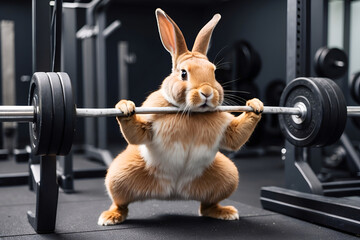 A buff Rabbit at the Gym, a Rabbit working out. Muscular rabbit lifting weights. Fitness bunny working out with weights