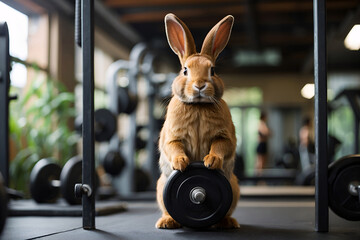 bunny and a weight. Bunny at gym - obrazy, fototapety, plakaty
