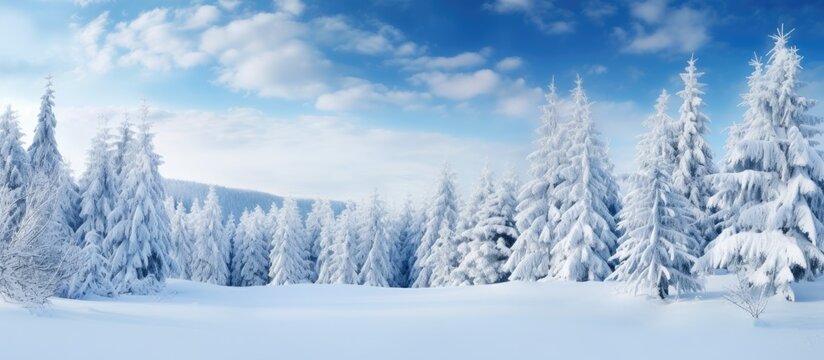 A picturesque snowy forest with trees blanketed in snow under a clear blue sky on a freezing sunny day, creating a magical natural landscape