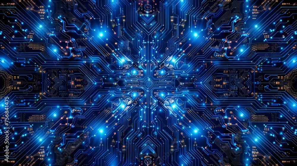 Poster seamless pattern of binary code, deep blue circuits, high-precision tech art