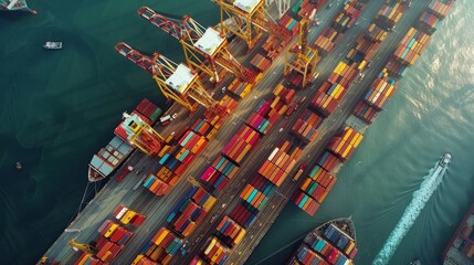 Fototapeta na wymiar Seaport from above: Colorful containers, towering cranes, and cargo ships in action, captured in 64k --ar 16:9 --style raw --stylize 250 Job ID: 564c75c3-9d6a-413e-aca8-696e240d1804
