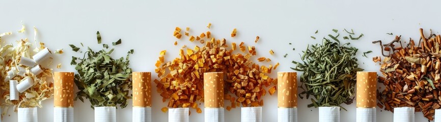 Collection of cigarettes and various dried plants organized in a neat, color-coordinated display on a white background. - obrazy, fototapety, plakaty