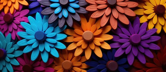 A vibrant display of colorful flowers, with petals in shades of orange and electric blue, arranged...