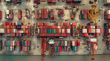 High-res aerial view detailing a seaport and vibrant containers, industrious cranes, and loading ships