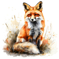 Obraz premium A beautiful watercolor painting of a red fox, a swift and agile carnivorous terrestrial animal with whiskers, sitting in the grass