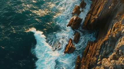 Spectacular drone photo, top view of seascape ocean wave crashing rocky cliff with sunset at the horizon as background. Beautiful coastal scenic landscape with turquoise water beating rocky boulder - obrazy, fototapety, plakaty
