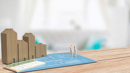 The house and blue plan for property or real estate concept 3d rendering..