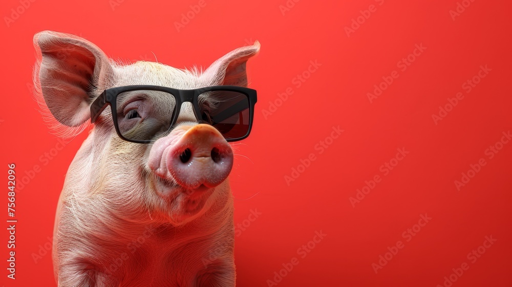 Poster stylish piglet in sunglasses on a pastel background with space for text insertion