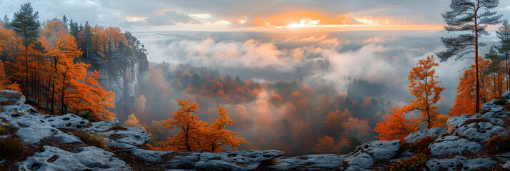 Autumn Trees in Saxon Switzerland, Germany,
Beautiful autumn trees in the evening forest autumn forest at sunset
 - obrazy, fototapety, plakaty