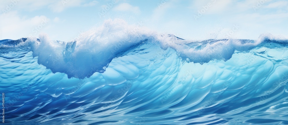 Poster An electric blue wave crashes in the ocean under a clear sky, creating a mesmerizing pattern in the water. The natural landscape extends to the horizon