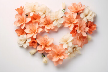 A delicate Valentine's Day card on a calm white background, with a bouquet of orange and white azalea flowers in the shape of a heart, helping to express sincere feelings and love.