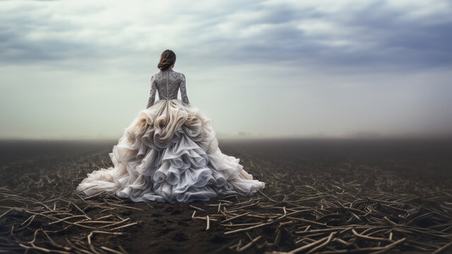 Surreal image of a woman wearing a gown made of lace and chiffon and walking through an old farm field.