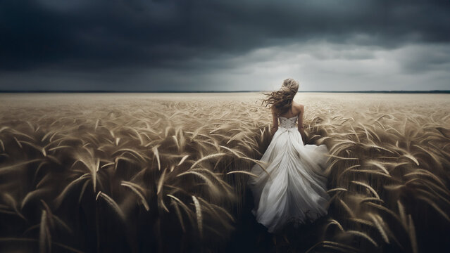 Surreal image of a bride in her wedding dress walking through a landscape of wheat.