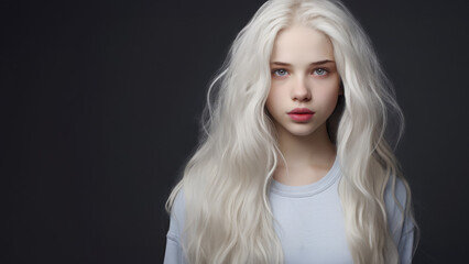 Fototapeta premium A studio portrait of a young platinum blond teen posing in front of a black backdrop.