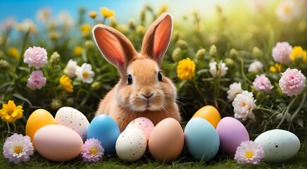 A rabbit surrounded by flowers and Easter eggs is shown in this drawing for a Happy Easter greeting card. Ideal for material with an Easter theme, pastel-colored eggs and the Easter bunny