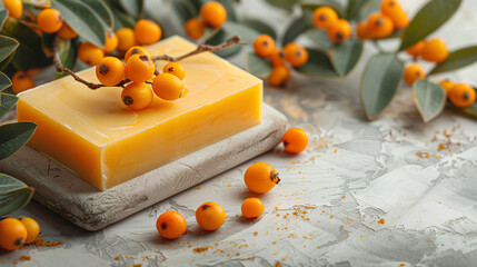 Natural sea â€‹â€‹â€‹â€‹buckthorn handmade soap bars on light background - natural skincare and hygiene concept. Space for text, Generative AI
