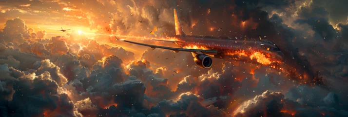 Fotobehang Aeroplane on Fire Flying Over Stormy Clouds, A plane is burning in the sky © john