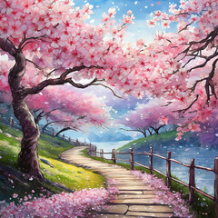 만개한 아름다운 벚꽃 산책길 - obrazy, fototapety, plakaty