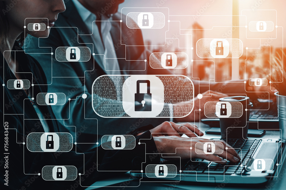 Poster cyber security and digital data protection concept. icon interface showing secure firewall technolog