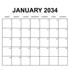 january 2034. monthly calendar vector design. week starts on Sunday. printable, simple, and clean design.
