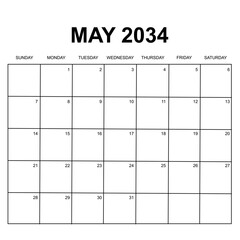 may 2034. monthly calendar vector design. week starts on Sunday. printable, simple, and clean design.