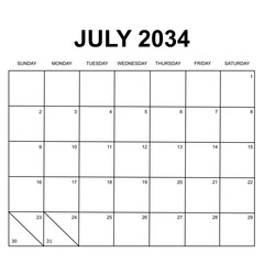 july 2034. monthly calendar vector design. week starts on Sunday. printable, simple, and clean design.