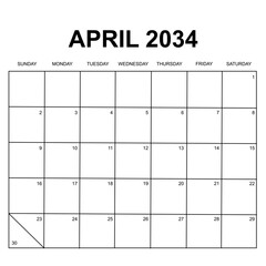 april 2034. monthly calendar vector design. week starts on Sunday. printable, simple, and clean design.
