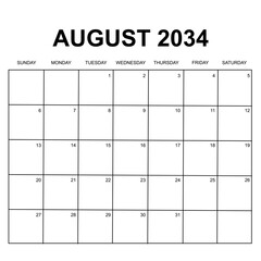 august 2034. monthly calendar vector design. week starts on Sunday. printable, simple, and clean design.
