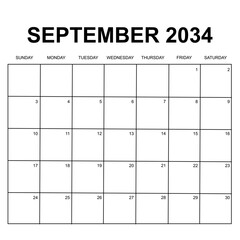 september 2034. monthly calendar vector design. week starts on Sunday. printable, simple, and clean design. - obrazy, fototapety, plakaty