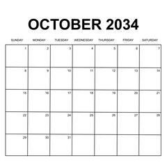 october 2034. monthly calendar vector design. week starts on Sunday. printable, simple, and clean design.